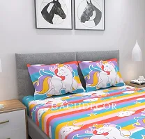 GACHDECOR All Around Elastic Fitted Queen Size Double Bed Bedsheet with 2 Large Pillow Covers Fits Upto Mattress of 8 Inches, Size - 60 x 78 Inches, Cartoon Unicorn-thumb1