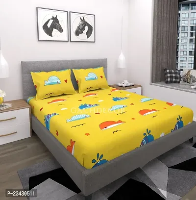 GACHDECOR Cotton All Around Elastic Fitted Queen Size Double Bed Bedsheet With 2 Large Pillow Covers Fits Upto Mattress Of 8 In, Size 60x78x8 In- Yellow Fish