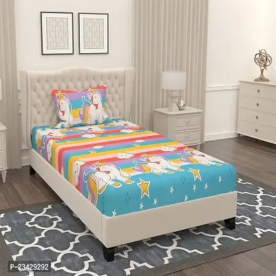 DECOREZA Homes- Luxury Cutie Glace Cotton Cartoon Printed Size Single Bedsheet with 1 Pillow Covers, Aqua Unicorn (Aqua Unicorn, Single Bedsheet)