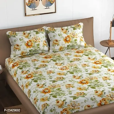 Decoreza 210 TC Elastic Fitted King Size Glace Cotton Double Bedsheet with 2 Pillow Covers, Size- 72 inch x 78 inch, Gold Floral-thumb2