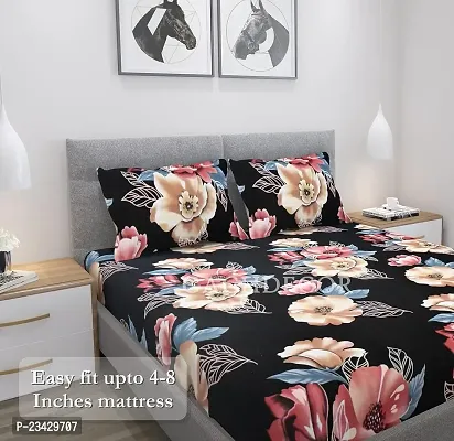GACHDECOR Premium Cotton Feel Glace Cotton Elastic Fitted King Size Double Bed Bedsheet with 2 Pillow Covers- 72 x78 Inches- Black Flower-thumb4