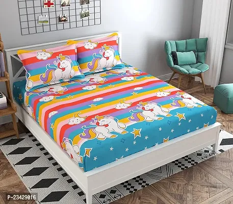DECOREZA Homes- Luxury Cutie Glace Cotton Cartoon Printed Size Double Bed Bedsheet with 2 Pillow Covers, Aqua Unicorn (Aqua Unicorn, Double Bedsheet)