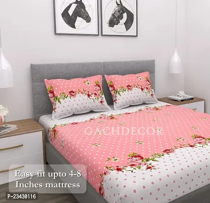 GACHDECOR 72 x 78 King Size Cotton Feel Glace Cotton Elastic Fitted King Size Double Bed Bedsheet with 2 Pillow Covers- (Pink-Dot)-thumb3