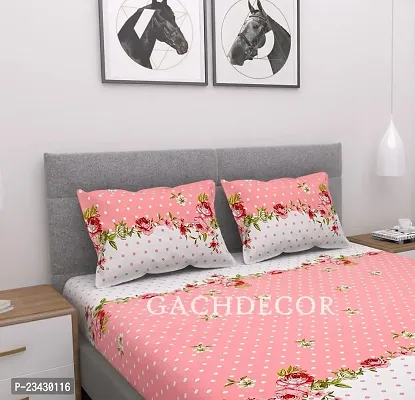 GACHDECOR 72 x 78 King Size Cotton Feel Glace Cotton Elastic Fitted King Size Double Bed Bedsheet with 2 Pillow Covers- (Pink-Dot)-thumb2