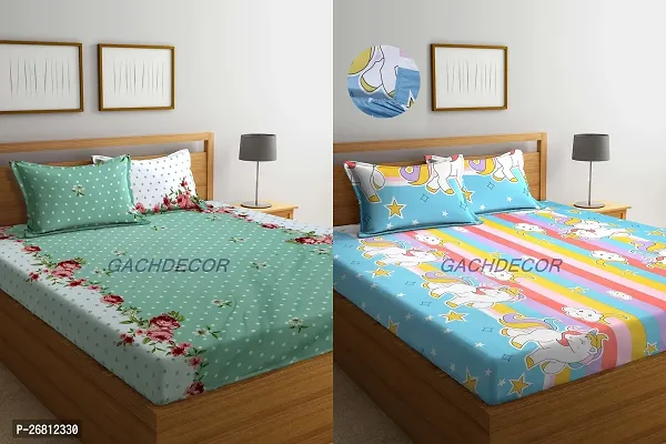 Fancy Glace Cotton Floral Fitted Elastic 2 Bedsheet With 4 Pillow Covers