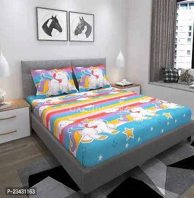 GACHDECOR All Around Elastic Fitted Queen Size Double Bed Bedsheet with 2 Large Pillow Covers Fits Upto Mattress of 8 Inches, Size - 60 x 78 Inches, Cartoon Unicorn
