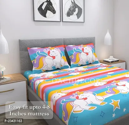 GACHDECOR All Around Elastic Fitted Queen Size Double Bed Bedsheet with 2 Large Pillow Covers Fits Upto Mattress of 8 Inches, Size - 60 x 78 Inches, Cartoon Unicorn-thumb3