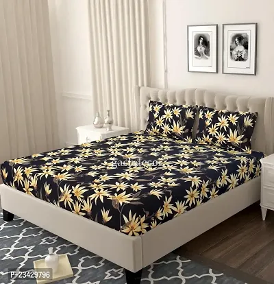 GACHDECOR Elastic Fitted Bedsheets Queen Size, Bedsheet for Queen Bed Elastic Fitted, 220 TC Cotton Feel Printed Fitted Bedsheet with 2 Pillow Covers