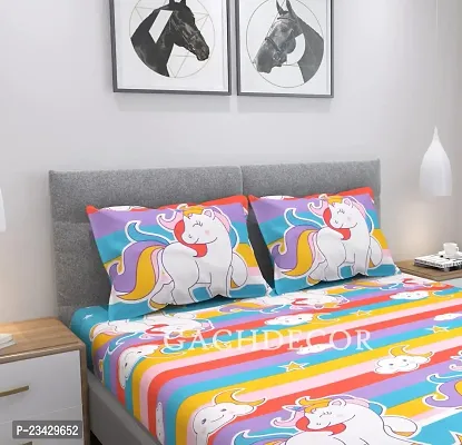 GACHDECOR 72 x 78 King Size Cotton Feel Glace Cotton Elastic Fitted King Size Double Bed Bedsheet with 2 Pillow Covers- (Unicorn Kids)-thumb2
