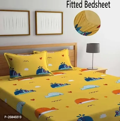 Gachdecor Try One Low Prize 300 TC Elastic Fitted Comfortable Cotton Printed King Size Bedsheet with 2 pillow covers, 72 inch X 78 Inch, Color, Yellow Fish