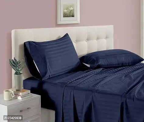 DECOREZA Home Linen 200 TC Solid Glace Cotton Satin Stripe Bedsheet with 2 Pillow Covers- Navy Blue