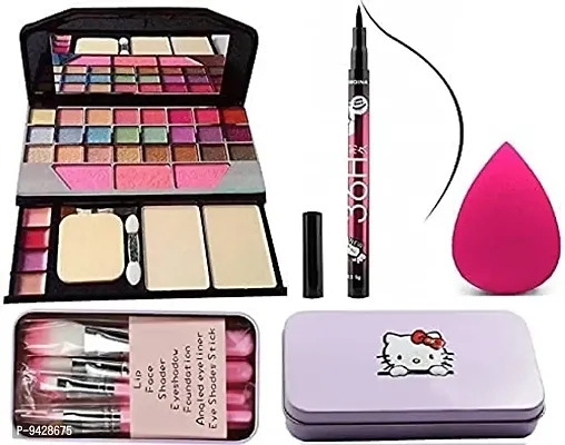 Tya 6155 Multicolour Makeup Kit and 7 Makeup Brushes Set, 36H Waterproof Eyeliner Pencil(1) with 1 Pink Beauty Blender