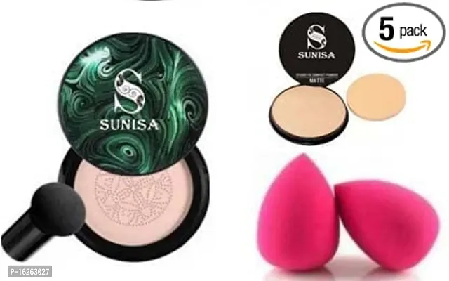 SUNISA BB and CC Cream Foundation With Mushroom Head Air Cushion 20g and 1 Studio Fix Compact Powder with 2 Pink Beauty Blenders - (Pack of 5)