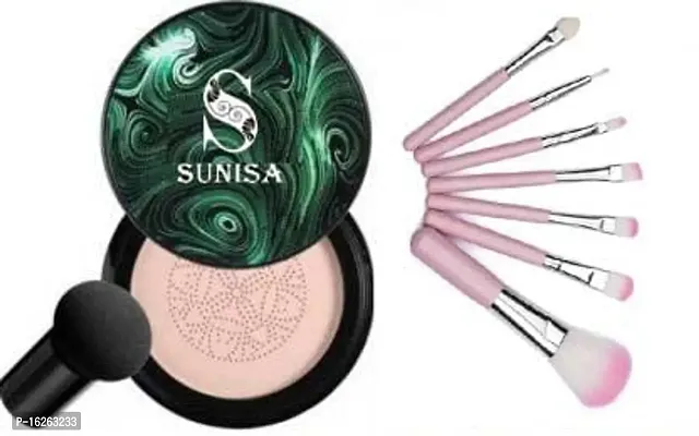 SUNISA BB and CC Cream Foundation With Mushroom Head Air Cushion 20g and 7 Pcs Pink Makeup Brushes Set - (Pack of 7)