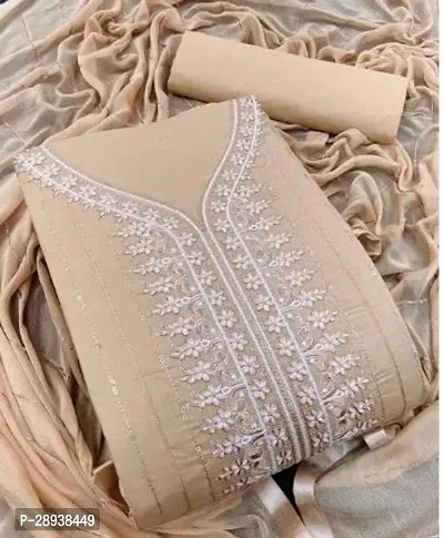 Designer Beige Cotton Unstitched Dress Material Top With Bottom Wear And Dupatta Set for Women