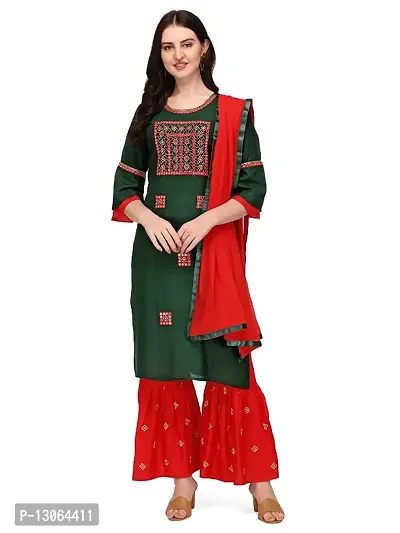 Latest Stylish Regular Fit Causal Cotton Round Necked Embroidered Mirror Work Womens Kurta Set-thumb0