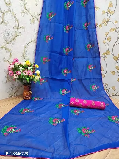 HINA COLLECTIONS Women's Chanderi Cotton Saree With Blouse Piece (Blue  Pink)-thumb0