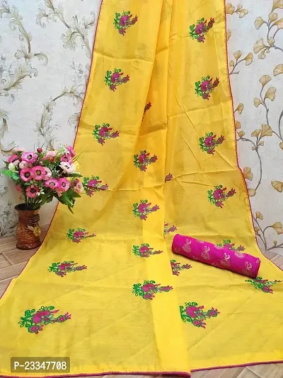 HINA COLLECTIONS Women's Chanderi Cotton Saree With Blouse Piece (Yellow  Pink)-thumb0