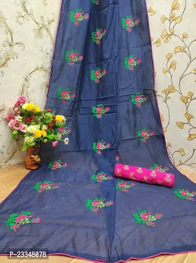 HINA COLLECTIONS Women's Chanderi Cotton Saree With Blouse Piece (Navy Blue  Pink)