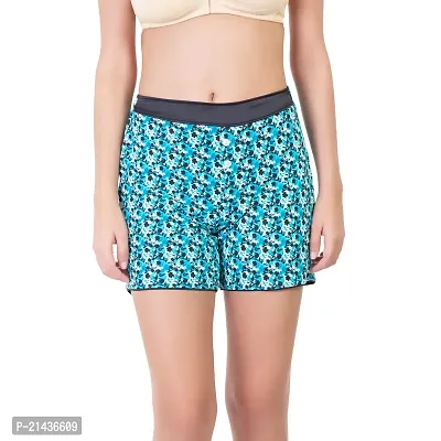 ENVIE Women's Mini Printed Cotton Shorts, Girls Stretchy Bottom Wear Ladies Stylish Night/Sleep Shorts (M) Blue