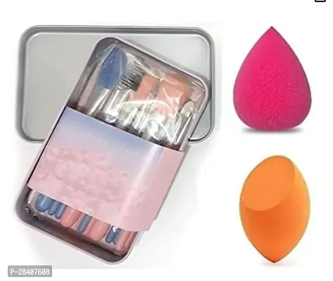 Aadav Fiber Bristle Makeup Brushes Set Kit With Pink Metal Storage Box With 2 Make Up Sponge Pack Of 3