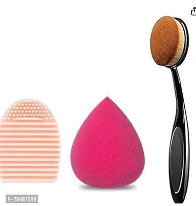 Aadav Beauty Blender Puff And Powder Foundation Brush With Makeup Brush Cleaner Brush Egg Shape Cleaning Glove Washing Scrubber Pack Of 3-thumb0