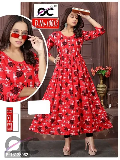 Attractive Red Rayon Printed Anarkali Kurta For Women-thumb0