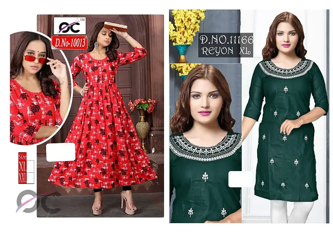 Attractive Rayon Printed Anarkali Kurta Combo Pack Of 2