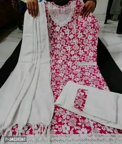 Reliable Pink Printed Cotton Kurta with Bottom And Dupatta Set For Women