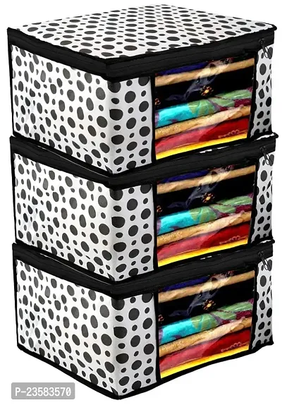 Polka Dots Design Non Woven Fabric Saree Cover/ Clothes Organizer|Wardrobe Set with Transparent Window|Size Extra Large, Pack of 3 (Black  White)-thumb0