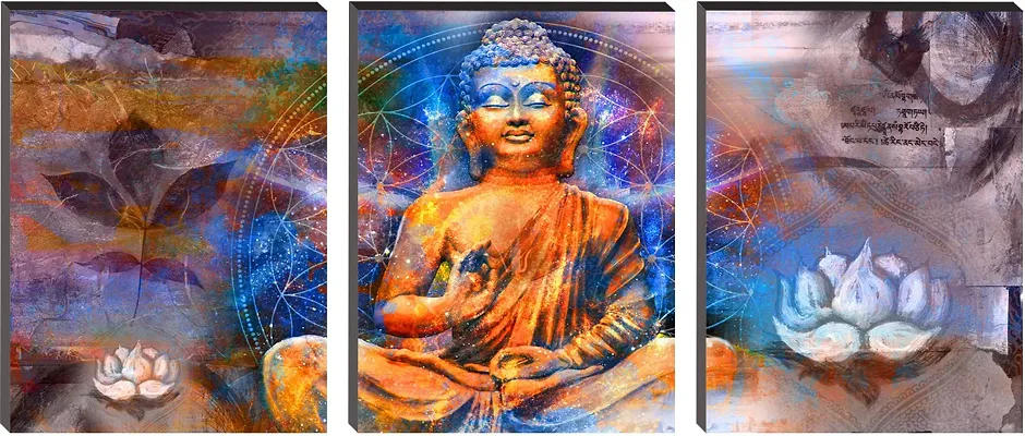 Masstone Meditating Buddha Religious HD Digital Re-Print Self Adhesive 6mm 3 Piece MDF Panel Painting (Multicolor, 9x12 inch)