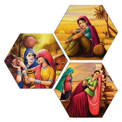 Masstone UV Laminated Digital Re-Print Rajasthani Panihari Modern Wall Art, Multicolor, Vintage, 21.5 x 21.5 Inch, Set of 3