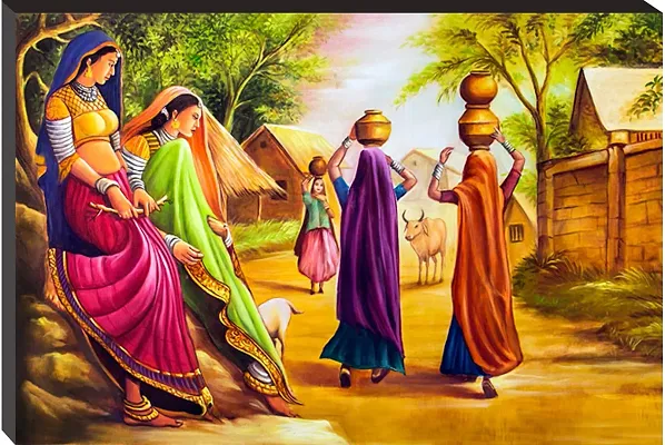 Masstone Rajasthani Panihari Village Modern Art Self Adhesive 6mm MDF Panel Painting (Multicolor, 12x18 inch)