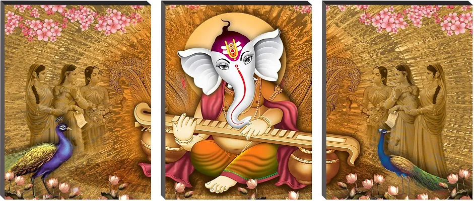 Masstone Lord Ganesha Religious HD Digital Re-Print Self Adhesive 6mm 3 Piece MDF Panel Painting (Multicolor, 9x12 inch)