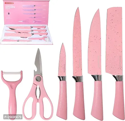 6PCS Kitchen Knife Set, Knives with Scissor  Peeler, Stainless Steel Knives (Pink)