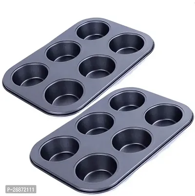 Muffin Cup Cake Tray for 6 Muffins, Cupcake, Baking Mould Tray, Brownie Muffin Tray, Non Stick Bakeware Tool - Black (pack of 2)-thumb0