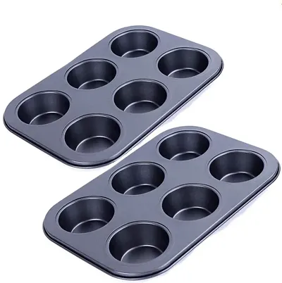 Muffin Cup Cake Tray for 6 Muffins, Cupcake, Baking Mould Tray, Brownie Muffin Tray, Non Stick Bakeware Tool - Black (pack of 2)