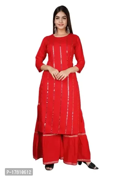 AARI WORK ON KURTI AND GOTA LACE FABRIC BEAUTIFULL HEAVY RAYON KURTI WITH SHARARA (XXX-Large, MAHROON)-thumb0