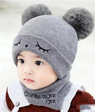 Vinson Kids Baby Boys & Girls Double Side pom Pom Hat Winter Warm Knit Crochet Eye Design Beanie Cap & Scarf Set (Grey)-(1-3 Years)