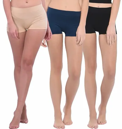 Solid Boyshort Cotton Panties for Women | No Show Underwear Stretch Boxer Briefs - Pack Of 3