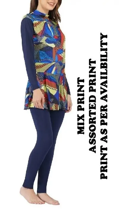 Piftif Assorted colour mix print Women Swim Wear - Swim Frock- Full Length | Polyester