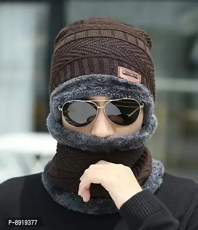 Unisex Winter Woolen Warm Cap with Neck Scarf Set Beanie Cap/Hat for Women and Men-thumb0