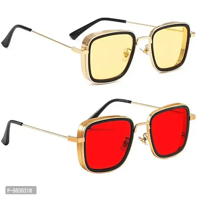 CREEK Men's Square Sunglasses Multicolour Frame, Yellow, Red Lens (Medium) - Pack Of 2