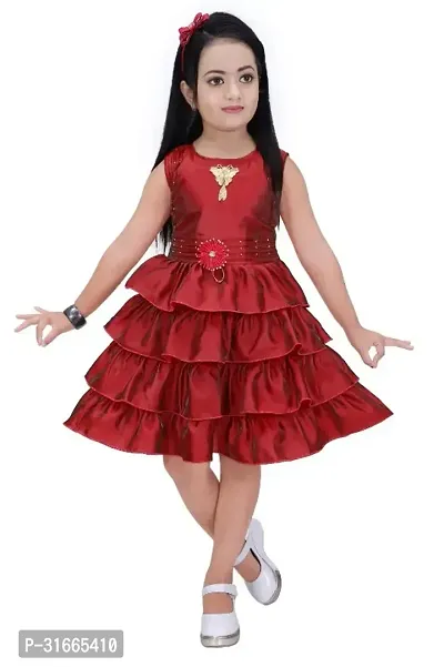 Fabulous Red Rayon Solid Dress For Girls-thumb2