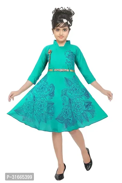 Fabulous Turquoise Rayon Printed Dress For Girls-thumb0