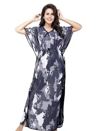 LOODY'S Printed Double Layered Comfortable Satin Maxi Kaftan Night Gown |Nighty |Night Dress for Women , Girls (Free Size)