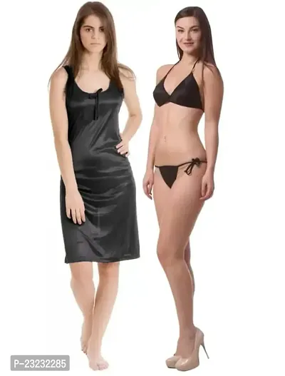 Tiash Set of Women's Satin Short Black Nighty  Bikni 6XL