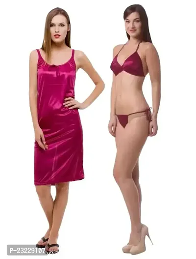 Tiash Set of Women's Satin Short Dark Pink Nighty  Bikni 2XL