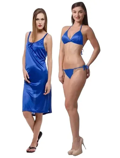 Ananqe Set of Women's Satin Short Nighty & Bikni