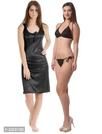 Tiash Set of Women's Satin Short Black Nighty  Bikni L